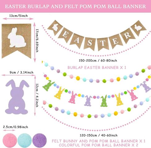 راية عيد الفصح، 4 قطع من رايات الخيش الطبيعي لعيد الفصح وأرنب لطيف مع كرة بوم بوم ملونة على شكل إكليل صور دعائم لحفلات الربيع ديكور معلق للمنزل والمكتب والفصول الدراسية in Kuwait