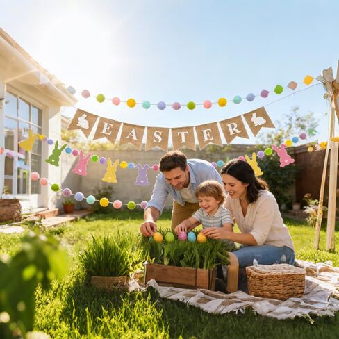 راية عيد الفصح، 4 قطع من رايات الخيش الطبيعي لعيد الفصح وأرنب لطيف مع كرة بوم بوم ملونة على شكل إكليل صور دعائم لحفلات الربيع ديكور معلق للمنزل والمكتب والفصول الدراسية in Kuwait