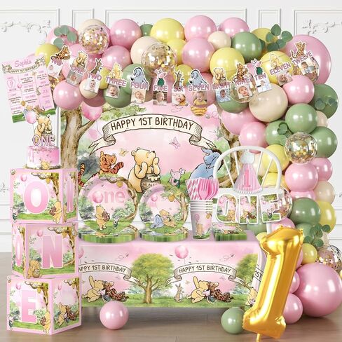 273 PCS Bear 1st Birthday Decorations, All-in-One Baby Girl 1st Birthday Decorations Set with Plates, Napkins, Serves 25, 2 Tablecloths, Balloon Arch, Backdrop & Banner, Pink in Saudi Arabia