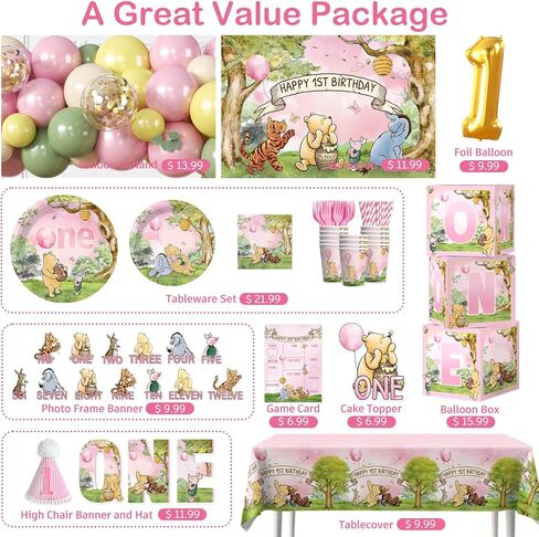 273 PCS Bear 1st Birthday Decorations, All-in-One Baby Girl 1st Birthday Decorations Set with Plates, Napkins, Serves 25, 2 Tablecloths, Balloon Arch, Backdrop & Banner, Pink in Saudi Arabia