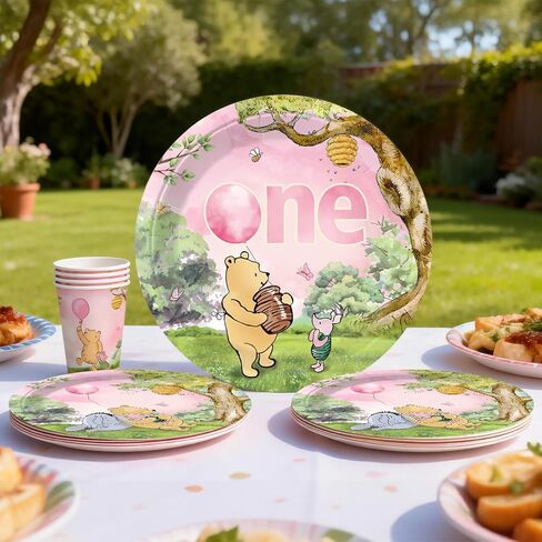 273 PCS Bear 1st Birthday Decorations, All-in-One Baby Girl 1st Birthday Decorations Set with Plates, Napkins, Serves 25, 2 Tablecloths, Balloon Arch, Backdrop & Banner, Pink in Saudi Arabia