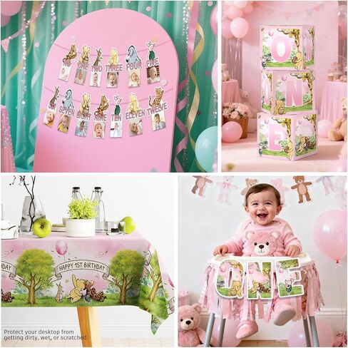 273 PCS Bear 1st Birthday Decorations, All-in-One Baby Girl 1st Birthday Decorations Set with Plates, Napkins, Serves 25, 2 Tablecloths, Balloon Arch, Backdrop & Banner, Pink in Saudi Arabia