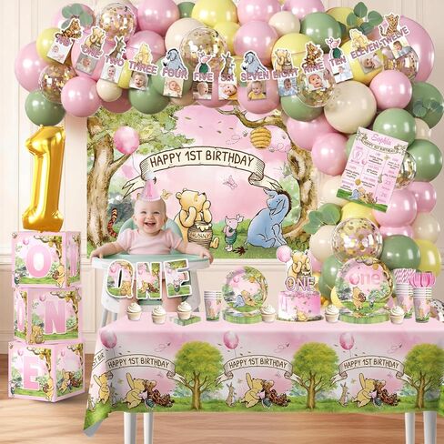 273 PCS Bear 1st Birthday Decorations, All-in-One Baby Girl 1st Birthday Decorations Set with Plates, Napkins, Serves 25, 2 Tablecloths, Balloon Arch, Backdrop & Banner, Pink in Saudi Arabia
