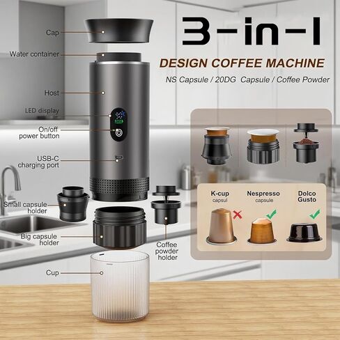 3-in-1 Portable Espresso Machine for Travel & Camping- 20 Bar Self-Heating Portable Coffee Maker with USB-C LED Display Car Coffee Maker, Compatible with Grounds&Capsules(Ns&DG) for RV, Hiking, Office in Saudi Arabia