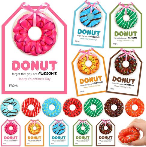 30 Pcs Valentine's Day Donut Stress Balls for Kids with Funny Valentines Cards Donut Squeeze Toys for Girls Boys Classroom Exchange Gifts Stress Relief Balls for Valentines Birthday Party in Saudi Arabia