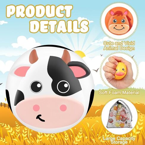 HyDren 48 Pcs Animal Stress Balls Bulk 2'' Cute Farm Animal Party Favors Baby Shower Squeeze Ball Mini Foam Stress Fidget Toys with Bag for Kids Adults Birthday School Gift, 8 Styles in Saudi Arabia