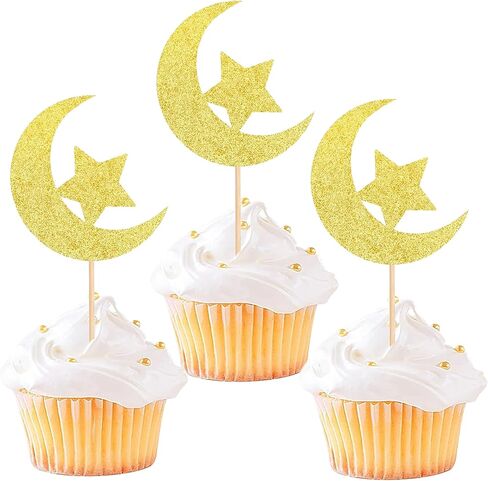 24 Pcs Birthday Cupcake Toppers Golden Glitter Star Moon Cupcake Decorations Suitable for All Kinds Of Birthday Party Cake Decoration Supplies in Saudi Arabia