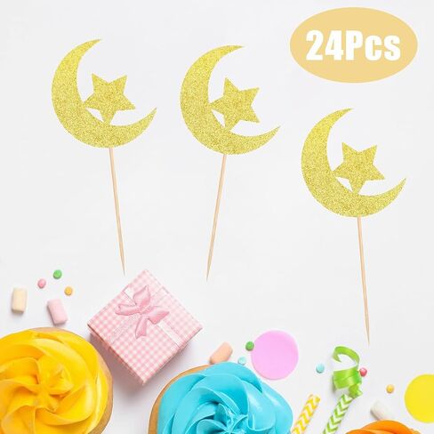 24 Pcs Birthday Cupcake Toppers Golden Glitter Star Moon Cupcake Decorations Suitable for All Kinds Of Birthday Party Cake Decoration Supplies in Saudi Arabia
