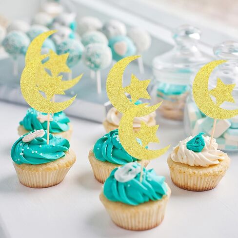 24 Pcs Birthday Cupcake Toppers Golden Glitter Star Moon Cupcake Decorations Suitable for All Kinds Of Birthday Party Cake Decoration Supplies in Saudi Arabia