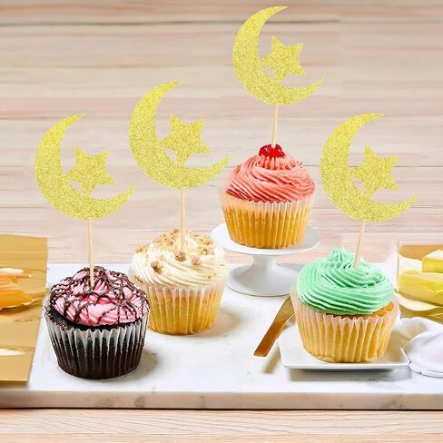 24 Pcs Birthday Cupcake Toppers Golden Glitter Star Moon Cupcake Decorations Suitable for All Kinds Of Birthday Party Cake Decoration Supplies in Saudi Arabia