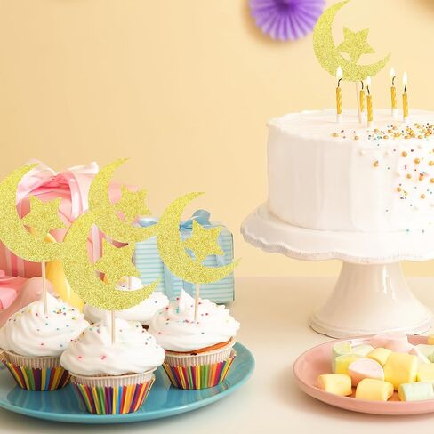 24 Pcs Birthday Cupcake Toppers Golden Glitter Star Moon Cupcake Decorations Suitable for All Kinds Of Birthday Party Cake Decoration Supplies in Saudi Arabia