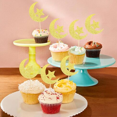 24 Pcs Birthday Cupcake Toppers Golden Glitter Star Moon Cupcake Decorations Suitable for All Kinds Of Birthday Party Cake Decoration Supplies in Saudi Arabia