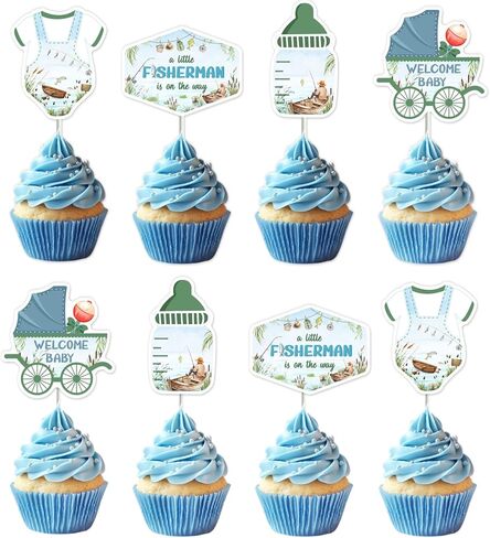 Fishing Baby Shower Decoration Boy, 36pcs A Little Fisherman is on The Way Decoration Cupcake Topper Double-Sided Printing Cake Decor for Gone Fishing Baby Shower Gender Reveal Supplies in Saudi Arabia