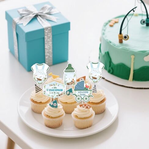 Fishing Baby Shower Decoration Boy, 36pcs A Little Fisherman is on The Way Decoration Cupcake Topper Double-Sided Printing Cake Decor for Gone Fishing Baby Shower Gender Reveal Supplies in Saudi Arabia
