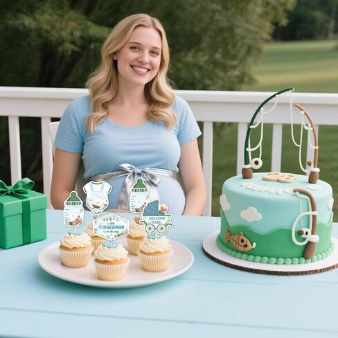Fishing Baby Shower Decoration Boy, 36pcs A Little Fisherman is on The Way Decoration Cupcake Topper Double-Sided Printing Cake Decor for Gone Fishing Baby Shower Gender Reveal Supplies in Saudi Arabia