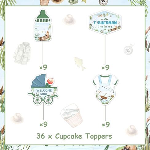 Fishing Baby Shower Decoration Boy, 36pcs A Little Fisherman is on The Way Decoration Cupcake Topper Double-Sided Printing Cake Decor for Gone Fishing Baby Shower Gender Reveal Supplies in Saudi Arabia