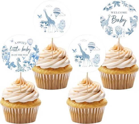 36 قطعة من أغطية الكب كيك للاستحمام باللون الأزرق الفرنسي، اختيارات كب كيك للترحيب بحيوانات الغابة للأولاد، ديكور كعكة صيني لحيوانات السفاري وكشف الجنس/ديكور حفلة عيد الميلاد الأولى in Kuwait