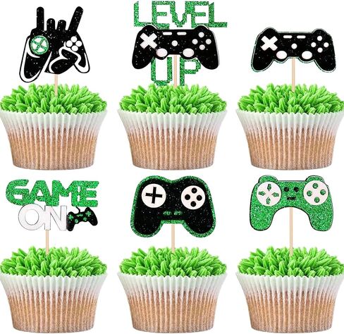 12 PCS Video Game Controllers Cupcake Toppers Glitter Black Green Cake Picks for Baby Shower Game Theme Birthday Party Cupcake Decorations Supplies in Saudi Arabia