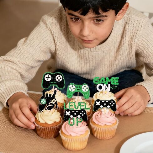 12 PCS Video Game Controllers Cupcake Toppers Glitter Black Green Cake Picks for Baby Shower Game Theme Birthday Party Cupcake Decorations Supplies in Saudi Arabia