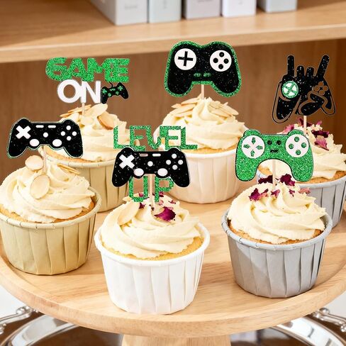 12 PCS Video Game Controllers Cupcake Toppers Glitter Black Green Cake Picks for Baby Shower Game Theme Birthday Party Cupcake Decorations Supplies in Saudi Arabia