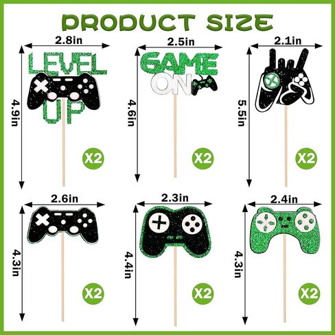 12 PCS Video Game Controllers Cupcake Toppers Glitter Black Green Cake Picks for Baby Shower Game Theme Birthday Party Cupcake Decorations Supplies in Saudi Arabia