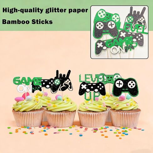 12 PCS Video Game Controllers Cupcake Toppers Glitter Black Green Cake Picks for Baby Shower Game Theme Birthday Party Cupcake Decorations Supplies in Saudi Arabia