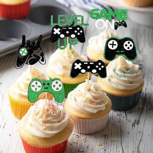 12 PCS Video Game Controllers Cupcake Toppers Glitter Black Green Cake Picks for Baby Shower Game Theme Birthday Party Cupcake Decorations Supplies in Saudi Arabia