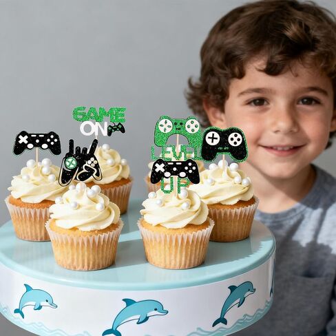 12 PCS Video Game Controllers Cupcake Toppers Glitter Black Green Cake Picks for Baby Shower Game Theme Birthday Party Cupcake Decorations Supplies in Saudi Arabia