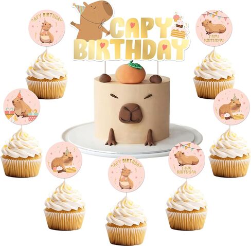 Cheereveal 25Pcs Capybara Happy Birthday Cake Decorations Pink, Cute Cartoon Capybara Cupcake Toppers, Capy Animal Theme Birthday Baby Shower Party Supplies in Saudi Arabia