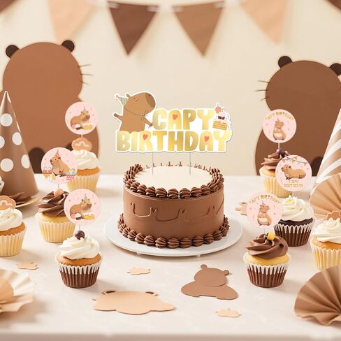 Cheereveal 25Pcs Capybara Happy Birthday Cake Decorations Pink, Cute Cartoon Capybara Cupcake Toppers, Capy Animal Theme Birthday Baby Shower Party Supplies in Saudi Arabia