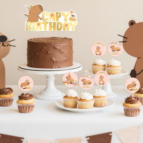 Cheereveal 25Pcs Capybara Happy Birthday Cake Decorations Pink, Cute Cartoon Capybara Cupcake Toppers, Capy Animal Theme Birthday Baby Shower Party Supplies in Saudi Arabia