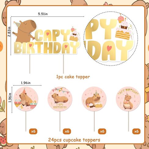 Cheereveal 25Pcs Capybara Happy Birthday Cake Decorations Pink, Cute Cartoon Capybara Cupcake Toppers, Capy Animal Theme Birthday Baby Shower Party Supplies in Saudi Arabia