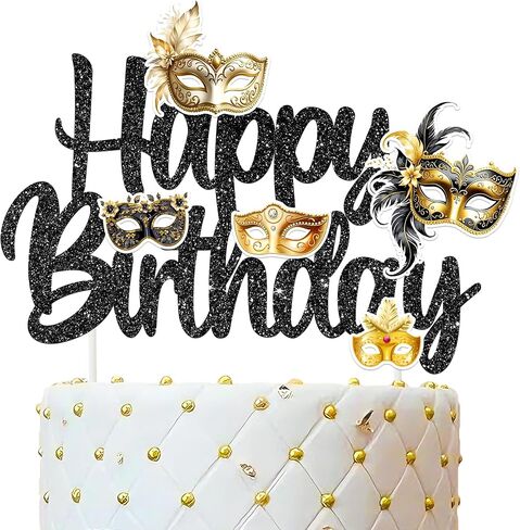 Masquerade Mask Happy Birthday Cake Topper Black Glitter Mask Birthday Party Decorations Masquerade Mardi Gras Theme Cake Picks for Bachelorette Carnival Dancing Party Supplies in Saudi Arabia