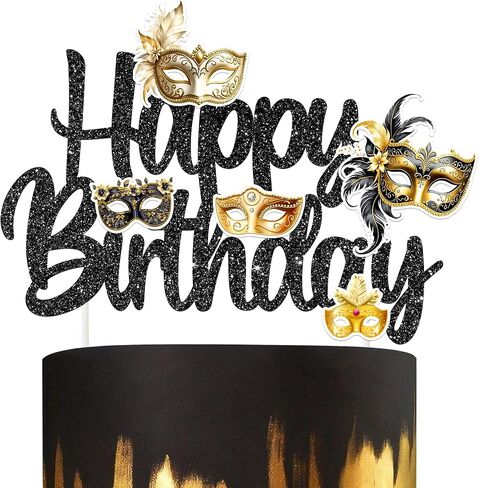 Masquerade Mask Happy Birthday Cake Topper Black Glitter Mask Birthday Party Decorations Masquerade Mardi Gras Theme Cake Picks for Bachelorette Carnival Dancing Party Supplies in Saudi Arabia