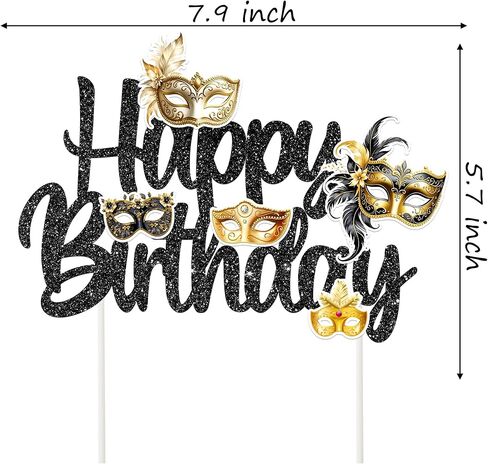 Masquerade Mask Happy Birthday Cake Topper Black Glitter Mask Birthday Party Decorations Masquerade Mardi Gras Theme Cake Picks for Bachelorette Carnival Dancing Party Supplies in Saudi Arabia