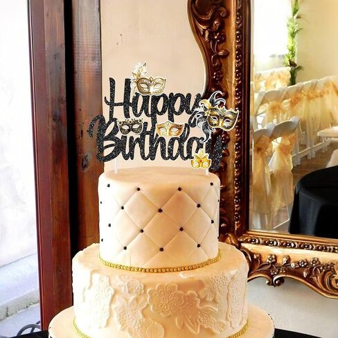 Masquerade Mask Happy Birthday Cake Topper Black Glitter Mask Birthday Party Decorations Masquerade Mardi Gras Theme Cake Picks for Bachelorette Carnival Dancing Party Supplies in Saudi Arabia