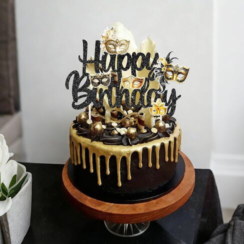 Masquerade Mask Happy Birthday Cake Topper Black Glitter Mask Birthday Party Decorations Masquerade Mardi Gras Theme Cake Picks for Bachelorette Carnival Dancing Party Supplies in Saudi Arabia