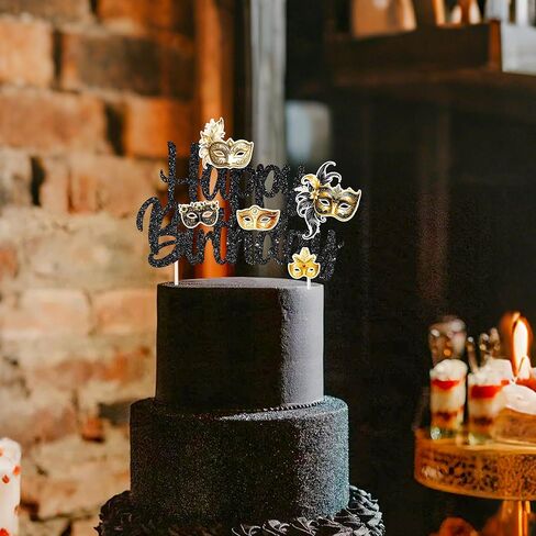 Masquerade Mask Happy Birthday Cake Topper Black Glitter Mask Birthday Party Decorations Masquerade Mardi Gras Theme Cake Picks for Bachelorette Carnival Dancing Party Supplies in Saudi Arabia
