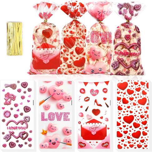 Valentine Treat Bags, 100 Pcs Valentines Cellophane Treat Bags, Red Love Heart Goodies Candy Bags Valentine Gift Bags with Twist Tie for Valentine's Day Wedding Party Favor Supplies (4 Styles) in Saudi Arabia