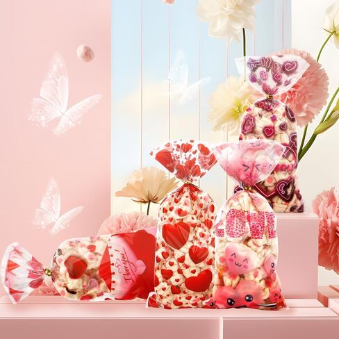 Valentine Treat Bags, 100 Pcs Valentines Cellophane Treat Bags, Red Love Heart Goodies Candy Bags Valentine Gift Bags with Twist Tie for Valentine's Day Wedding Party Favor Supplies (4 Styles) in Saudi Arabia