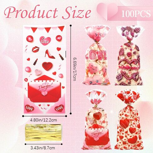 Valentine Treat Bags, 100 Pcs Valentines Cellophane Treat Bags, Red Love Heart Goodies Candy Bags Valentine Gift Bags with Twist Tie for Valentine's Day Wedding Party Favor Supplies (4 Styles) in Saudi Arabia