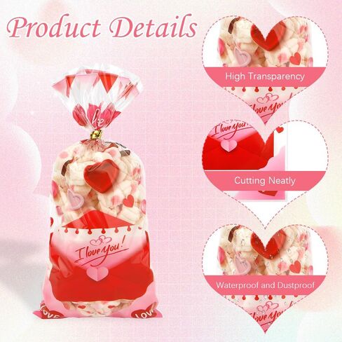 Valentine Treat Bags, 100 Pcs Valentines Cellophane Treat Bags, Red Love Heart Goodies Candy Bags Valentine Gift Bags with Twist Tie for Valentine's Day Wedding Party Favor Supplies (4 Styles) in Saudi Arabia