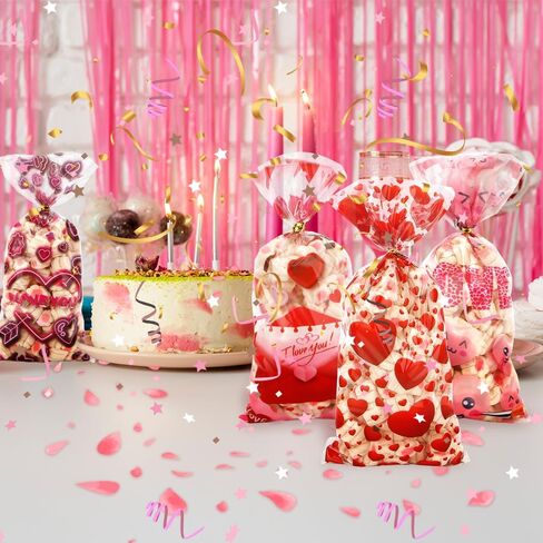Valentine Treat Bags, 100 Pcs Valentines Cellophane Treat Bags, Red Love Heart Goodies Candy Bags Valentine Gift Bags with Twist Tie for Valentine's Day Wedding Party Favor Supplies (4 Styles) in Saudi Arabia