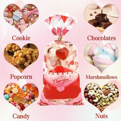 Valentine Treat Bags, 100 Pcs Valentines Cellophane Treat Bags, Red Love Heart Goodies Candy Bags Valentine Gift Bags with Twist Tie for Valentine's Day Wedding Party Favor Supplies (4 Styles) in Saudi Arabia