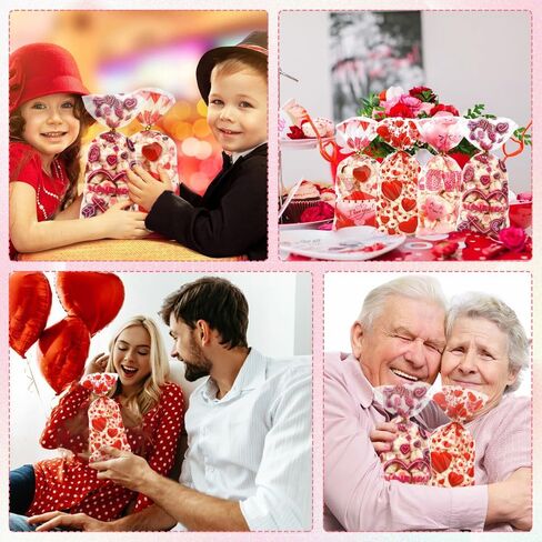 Valentine Treat Bags, 100 Pcs Valentines Cellophane Treat Bags, Red Love Heart Goodies Candy Bags Valentine Gift Bags with Twist Tie for Valentine's Day Wedding Party Favor Supplies (4 Styles) in Saudi Arabia
