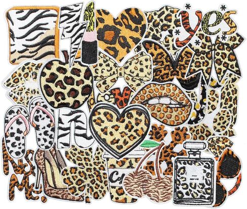 28PCS Leopard Print Fashion Iron on Patches Set, Trendy Animal Pattern Embroidered Appliques, DIY Iron On Patches for Clothes, Jackets, Bags in Saudi Arabia