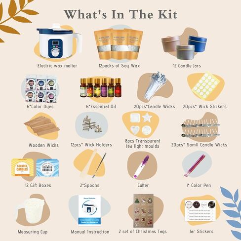 مجموعة صنع الشموع DIY للبالغين مع وعاء ذوبان الشمع الذكي، شمع الصويا، 12 برطمان، 8 قوالب شموع صغيرة، مجموعة صنع الشمع للشموع مع وعاء ذوبان الشمع الرقمي in Kuwait