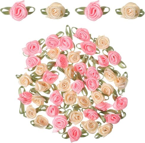 100 PCS Mini Roses for Crafts, Mini Ribbon Roses Flowers for Crafts, Cute Ribbon Rose with Green Leaves, Artificial Fabric Flower Embellishments for DIY Crafting Sewing Wrapping Wedding Decoration in Saudi Arabia