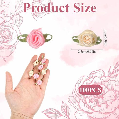 100 PCS Mini Roses for Crafts, Mini Ribbon Roses Flowers for Crafts, Cute Ribbon Rose with Green Leaves, Artificial Fabric Flower Embellishments for DIY Crafting Sewing Wrapping Wedding Decoration in Saudi Arabia
