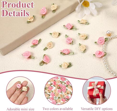 100 PCS Mini Roses for Crafts, Mini Ribbon Roses Flowers for Crafts, Cute Ribbon Rose with Green Leaves, Artificial Fabric Flower Embellishments for DIY Crafting Sewing Wrapping Wedding Decoration in Saudi Arabia